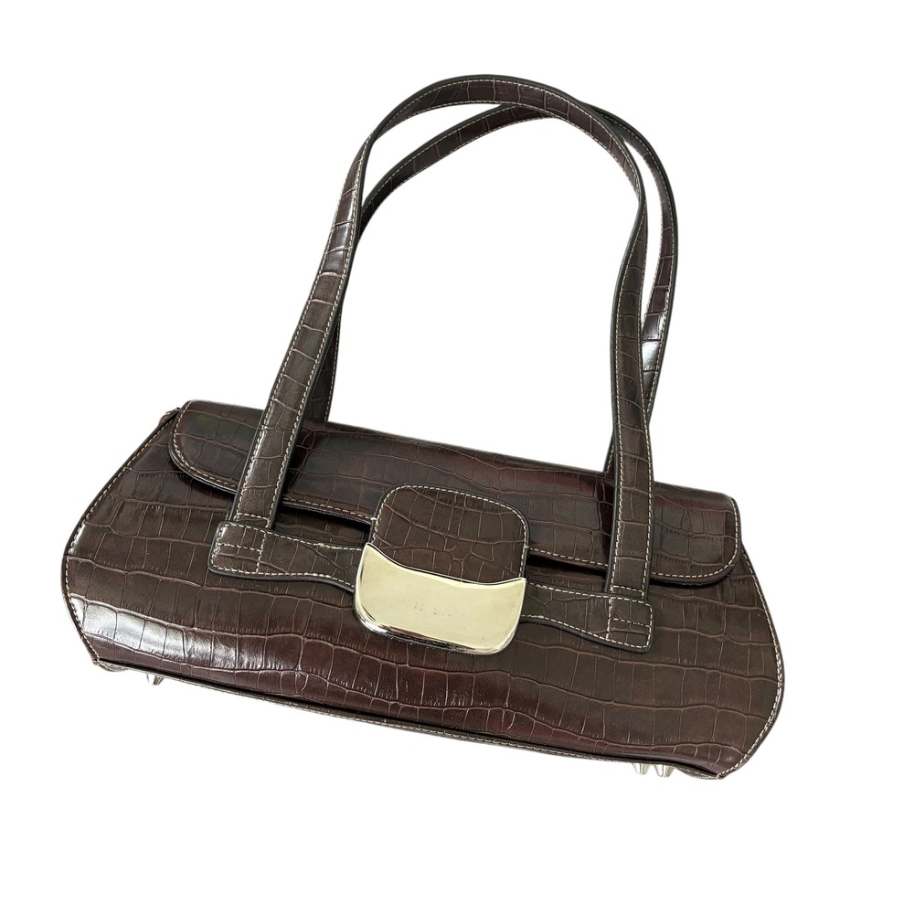 Y2K Croc Embossed Faux Leather Flap Shoulder Bag Brown Office Siren Mob Wie